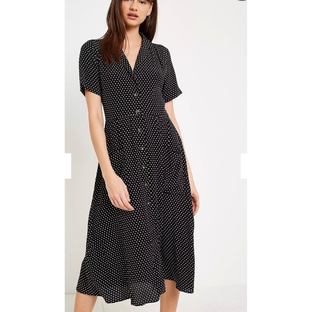 Urban Outfitters Black Polka Dot Dress Button Front Midi Medium Retro Coquette